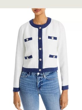 Aqua White Textured Jacket with Navy Trim Small